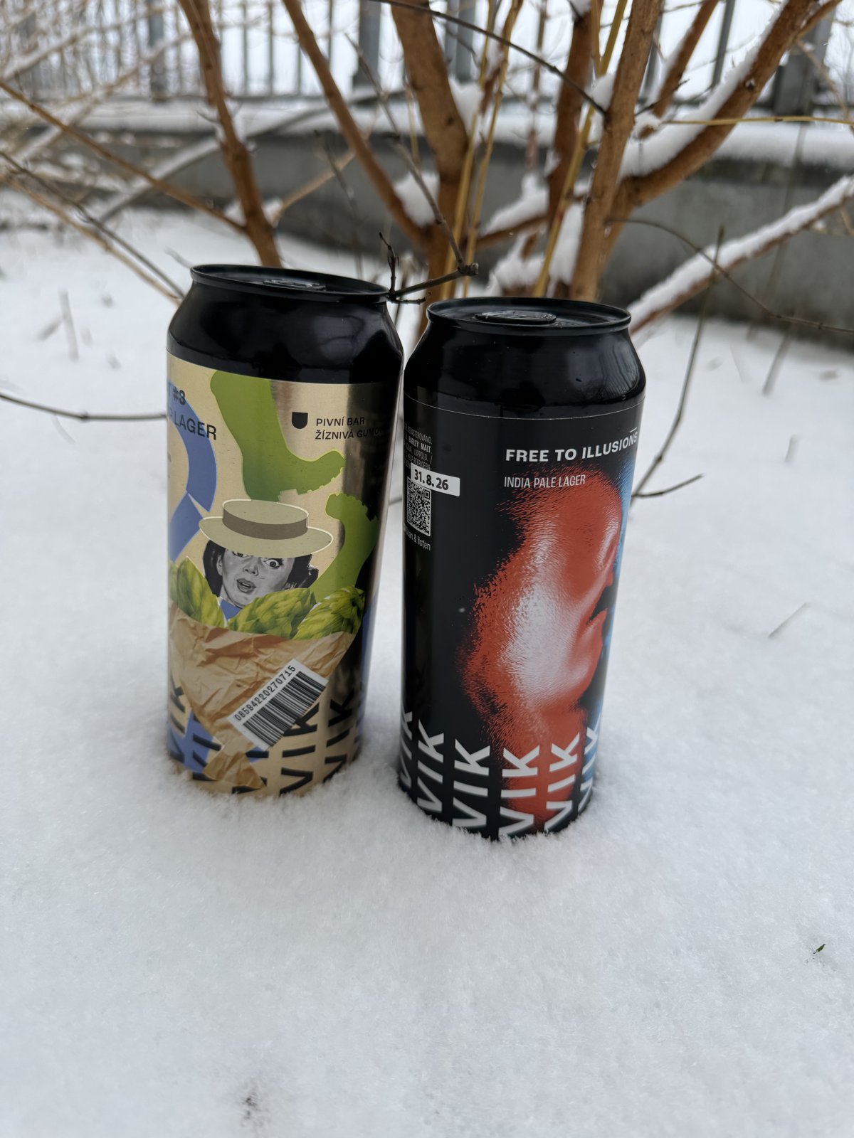 Nakoupené plechovky pivovaru Vik venku ve sněhu