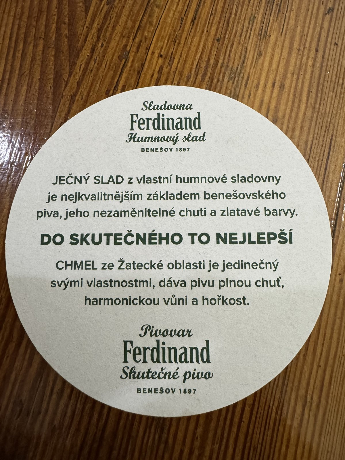 Podtácek s textem o sladovně Pivovaru Ferdinand Benešov